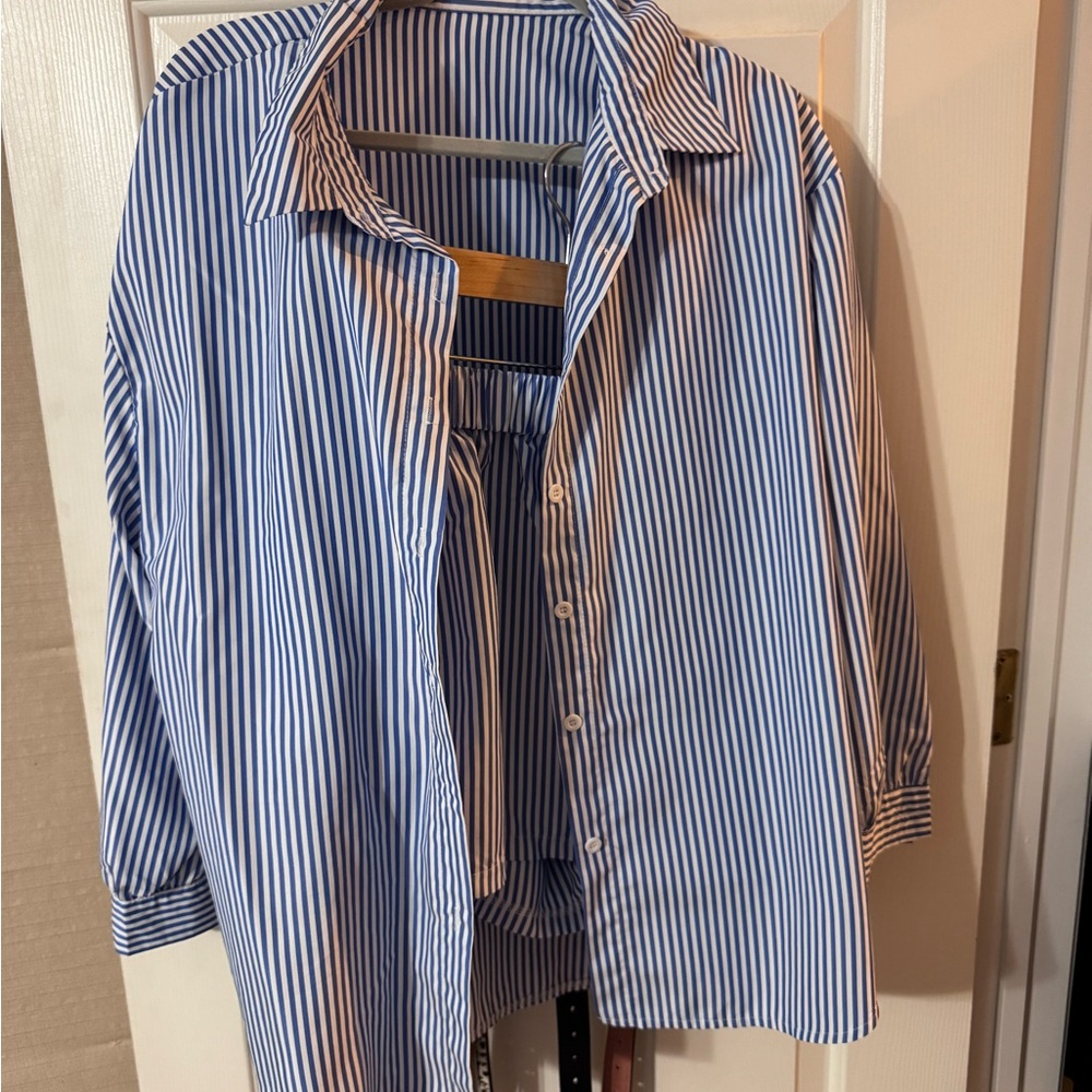 SHEIN Blue and White Striped Button-Up Shirt